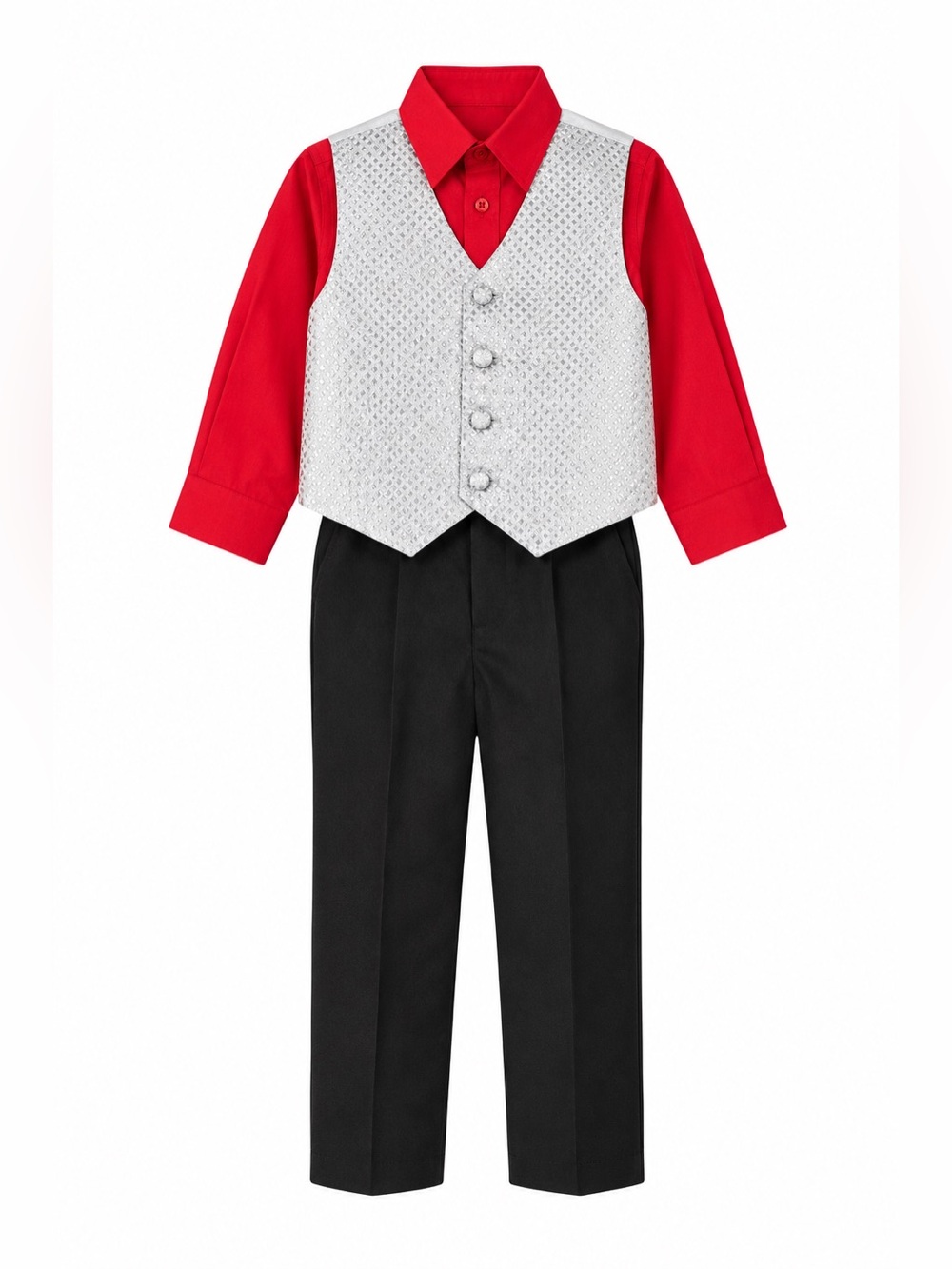 Gioberti Boys 2T 3 Piece Dress Suit Red Shirt Silver Vest Black Pants